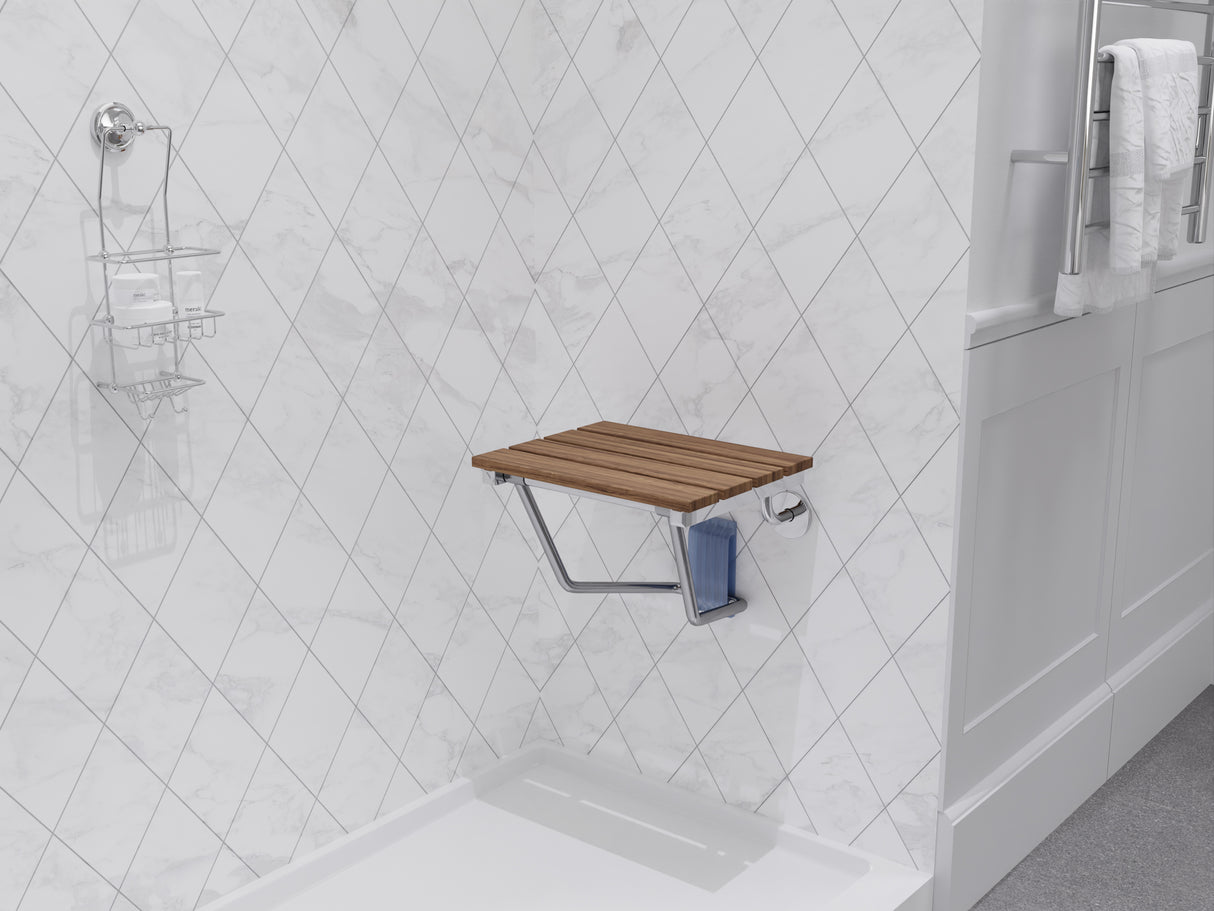 Fit 14.96 in. Teak Wall Mounted Folding Shower Seat SS-F