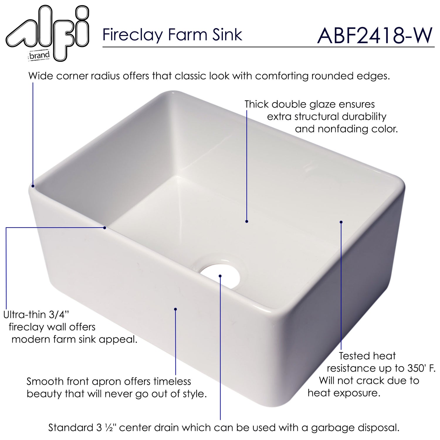 ALFI brand ABF2418 24" White Thin Wall Single Bowl Smooth Apron Fireclay Kitchen Farm Sink