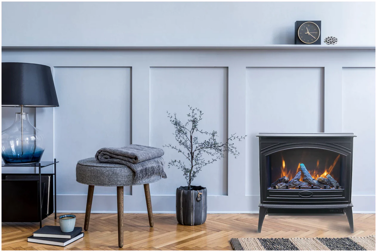Amantii E50-NA Lynwood Series - 50 cm Freestand Electric Stove Featuring a Cast Iron Frame and a 10 Piece Birch Log Set