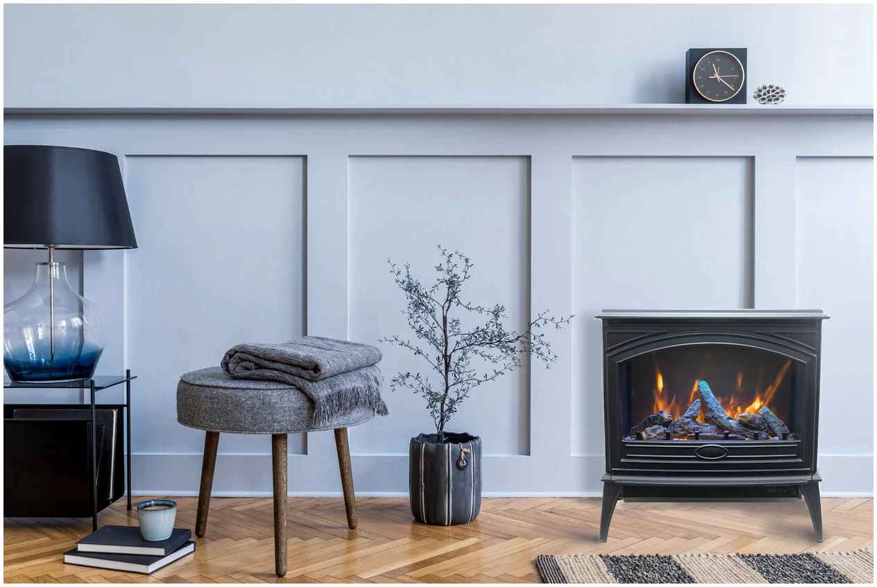Amantii E50-NA Lynwood Series - 50 cm Freestand Electric Stove Featuring a Cast Iron Frame and a 10 Piece Birch Log Set