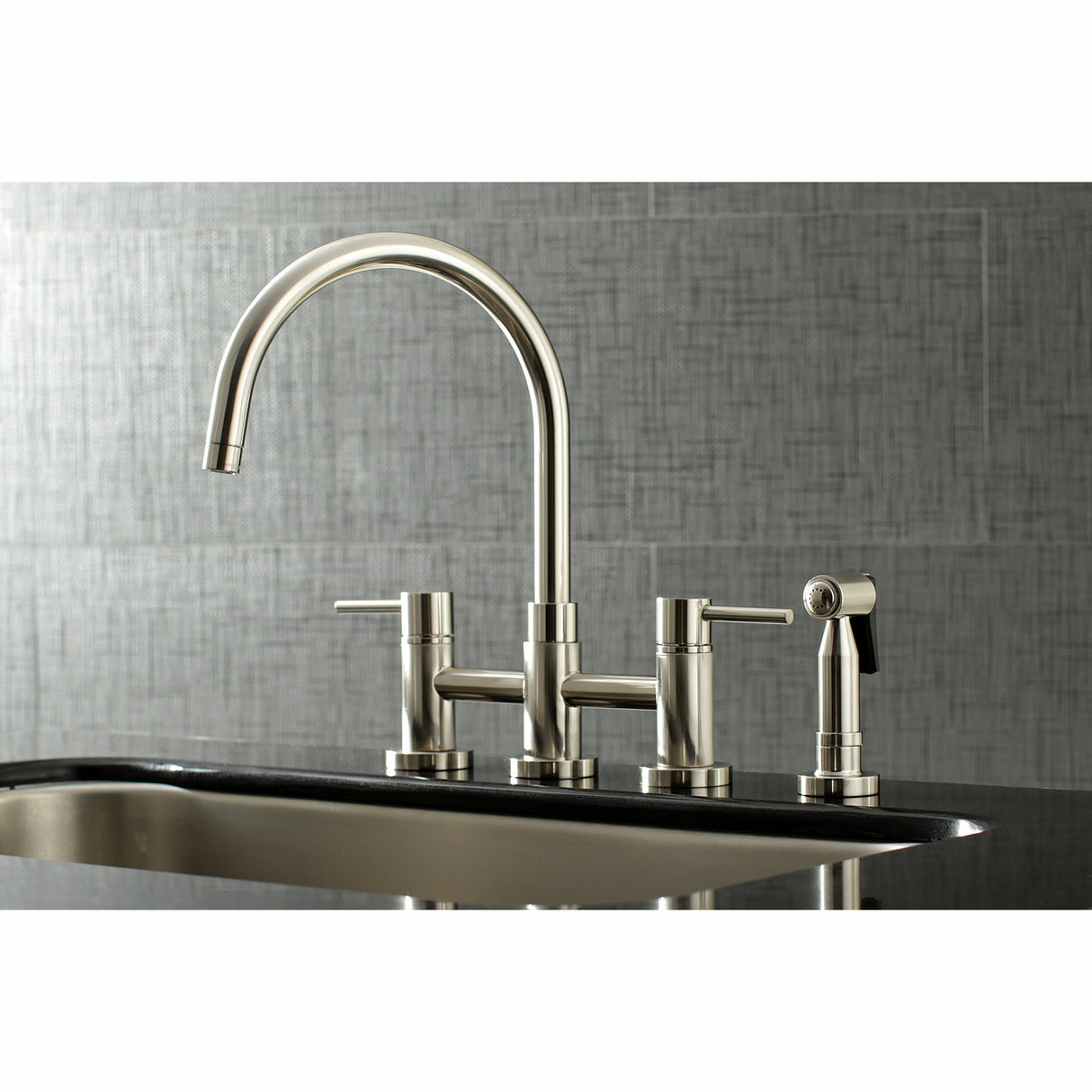 Kingston Brass KS8278DLBS Concord Bridge Kitchen Faucet with Brass Sprayer, Brushed Nickel