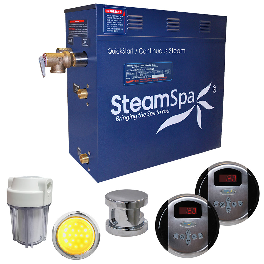 SteamSpa Royal 9 KW QuickStart Acu-Steam Bath Generator Package in Brushed Nickel RY900BN