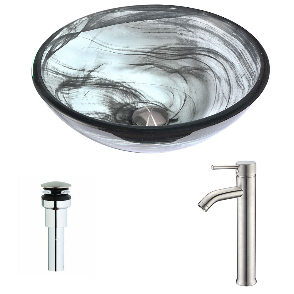 ANZZI LSAZ054-040 Mezzo Series Deco-Glass Vessel Sink in Slumber Wisp with Fann Faucet in Brushed Nickel