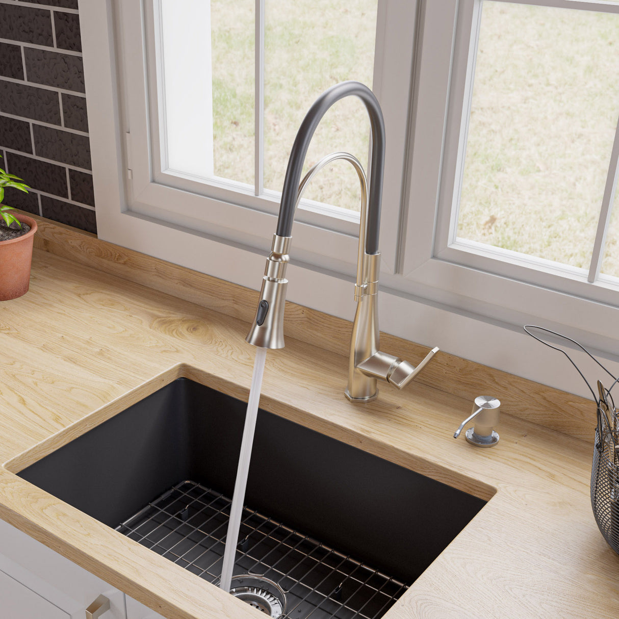 Brushed Nickel Kitchen Faucet with Black Rubber Stem