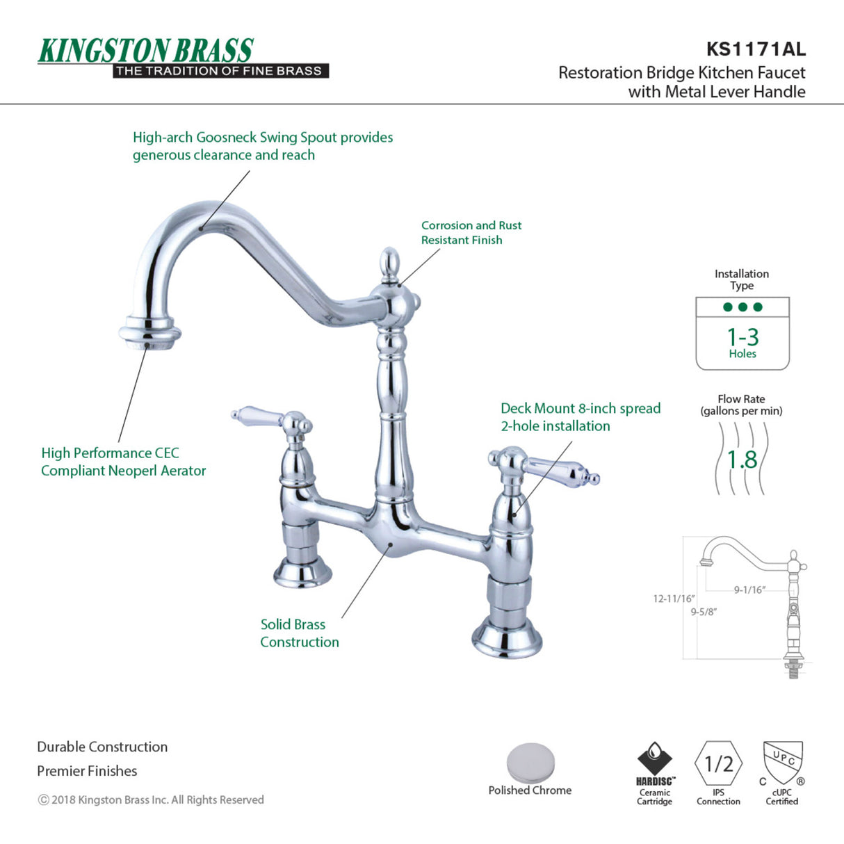 Kingston Brass KS1171AL Heritage Bridge Kitchen Faucet, Polished Chrome