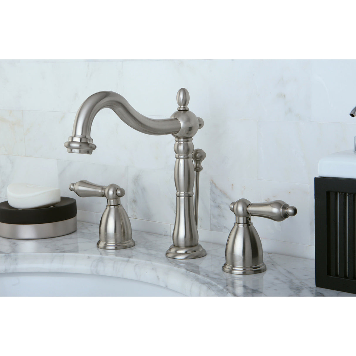 Kingston Brass KB1978AL Heritage Widespread Bathroom Faucet with Plastic Pop-Up, Brushed Nickel