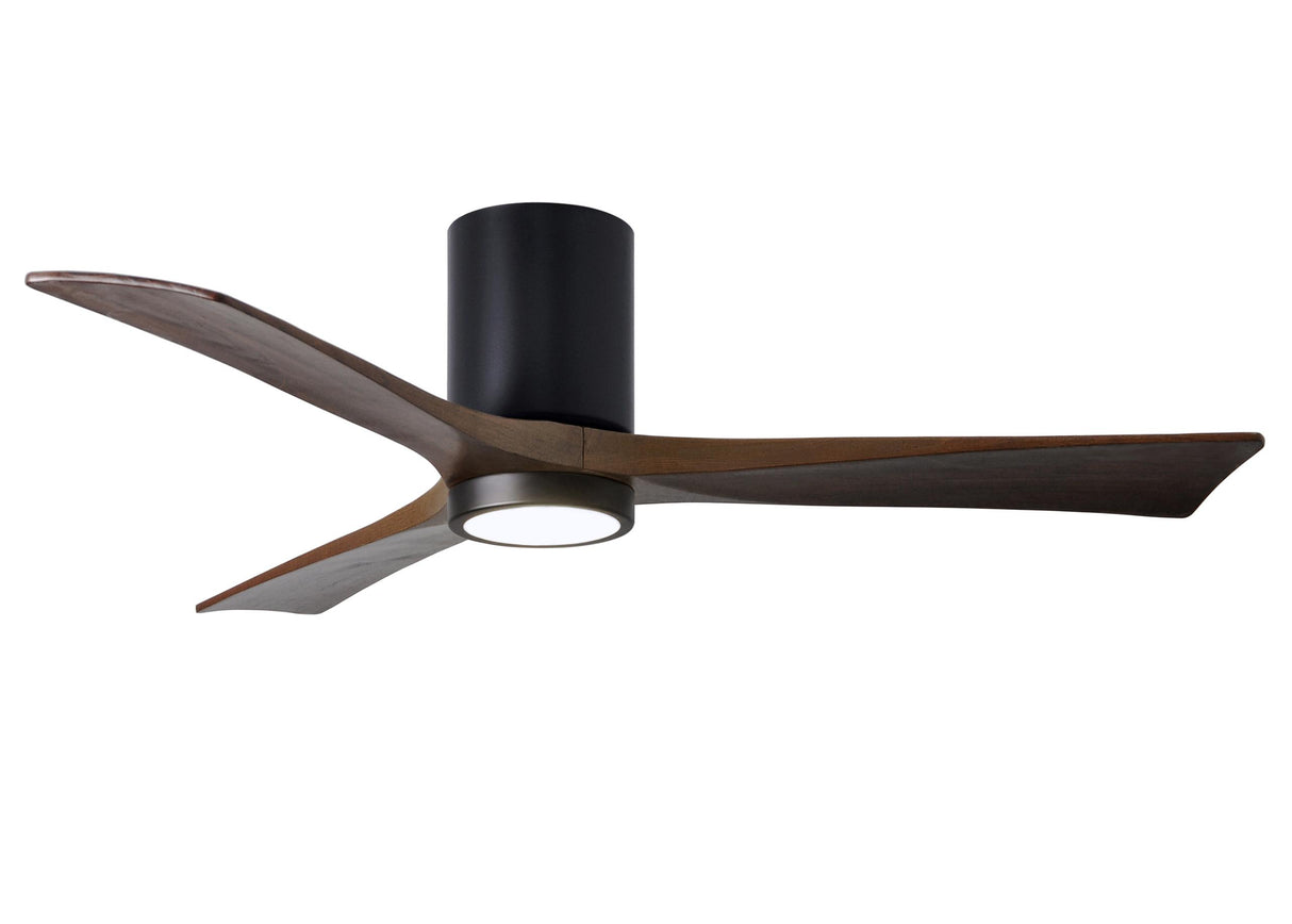 Matthews Fan IR3HLK-BK-WA-52 Irene-3HLK three-blade flush mount paddle fan in Matte Black finish with 52” solid walnut tone blades and integrated LED light kit.