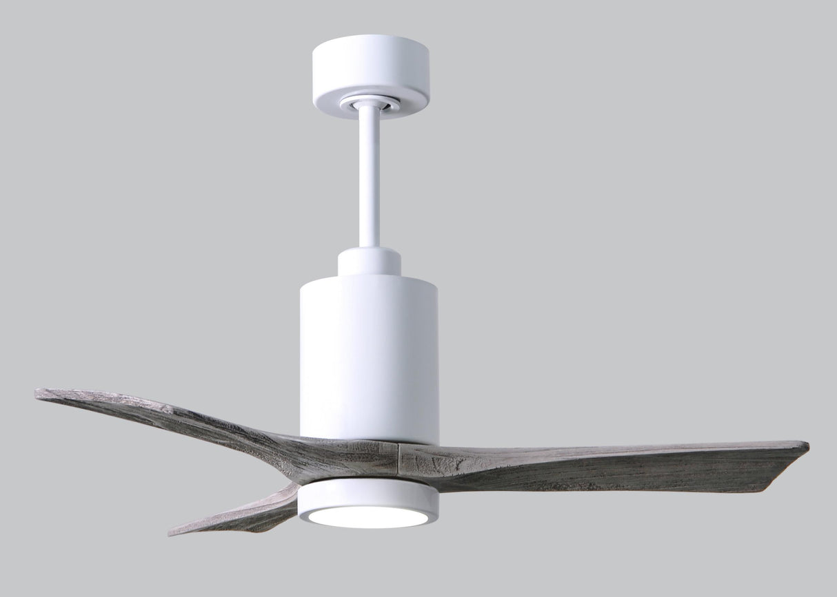 Matthews Fan PA3-WH-BW-42 Patricia-3 three-blade ceiling fan in Gloss White finish with 42” solid barn wood tone blades and dimmable LED light kit