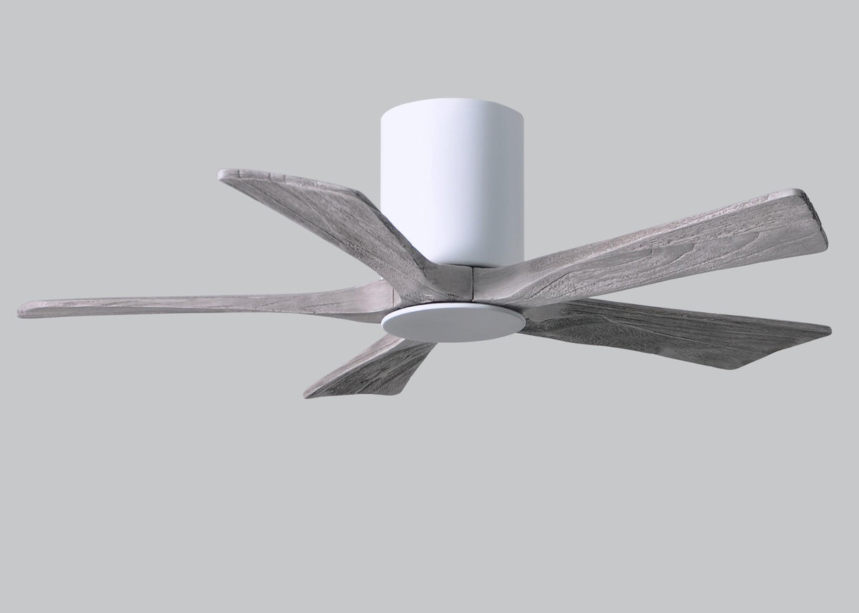 Matthews Fan IR5HLK-WH-BW-42 IR5HLK five-blade flush mount paddle fan in Gloss White finish with 42” solid barn wood tone blades and integrated LED light kit.