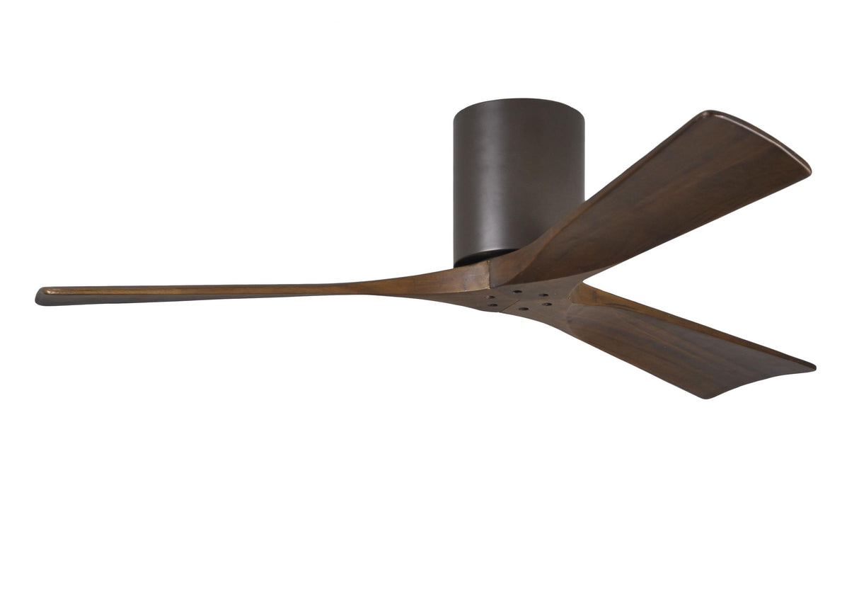 Matthews Fan IR3H-TB-WA-52 Irene-3H three-blade flush mount paddle fan in Textured Bronze finish with 52” solid walnut tone blades. 