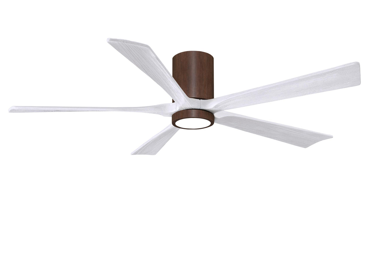 Matthews Fan IR5HLK-WN-MWH-60 IR5HLK five-blade flush mount paddle fan in Walnut finish with 60” solid matte white wood blades and integrated LED light kit.