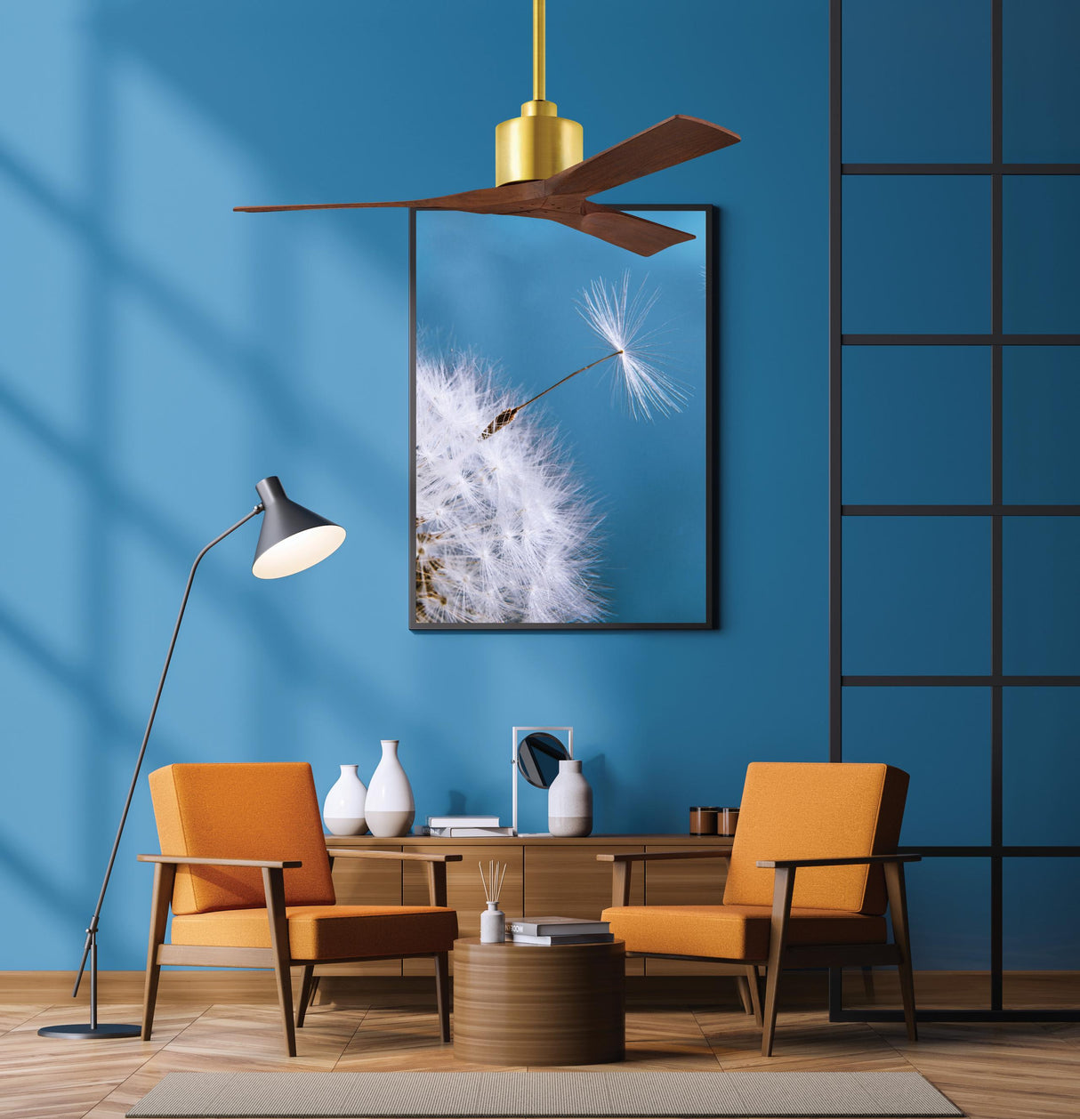 Matthews Fan NK-BRBR-WA-52 Nan 6-speed ceiling fan in Brushed Brass finish with 52” solid walnut tone wood blades