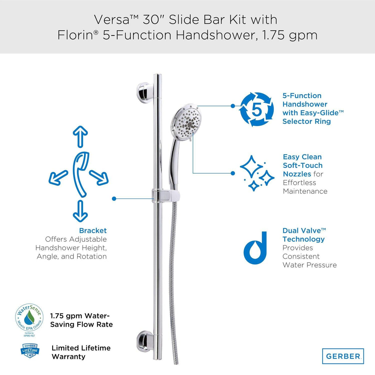 Gerber D461739BN Brushed Nickel Versa 30" Slide Bar Assembly With Florin 5-FU...