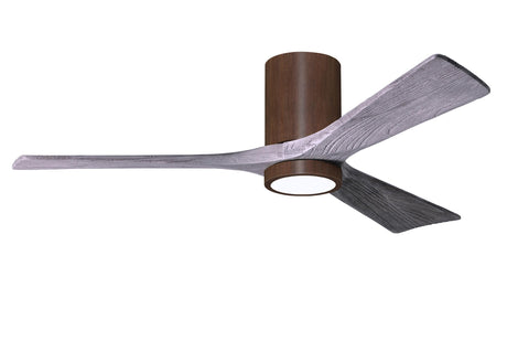 Matthews Fan IR3HLK-WN-BW-52 Irene-3HLK three-blade flush mount paddle fan in Walnut finish with 52” solid barn wood tone blades and integrated LED light kit.