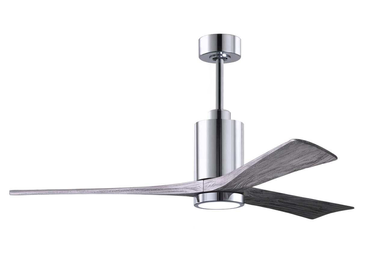 Matthews Fan PA3-CR-BW-60 Patricia-3 three-blade ceiling fan in Polished Chrome finish with 60” solid barn wood tone blades and dimmable LED light kit