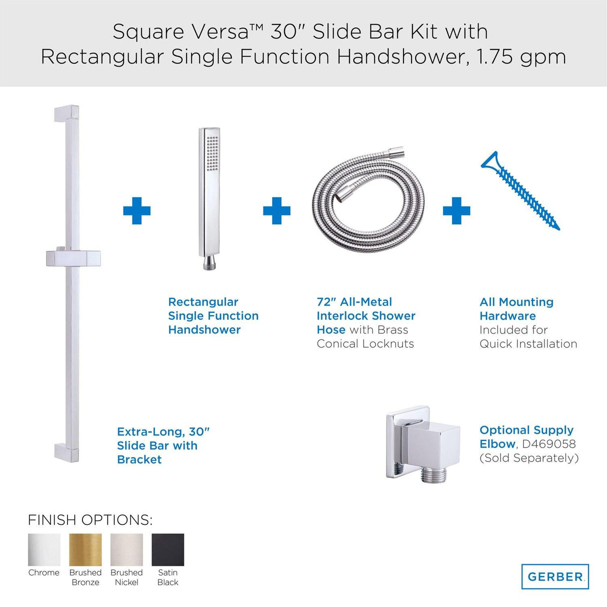 Gerber D462726 Chrome Versa Square 30" Slide Bar Assembly With Single FUNCTION...