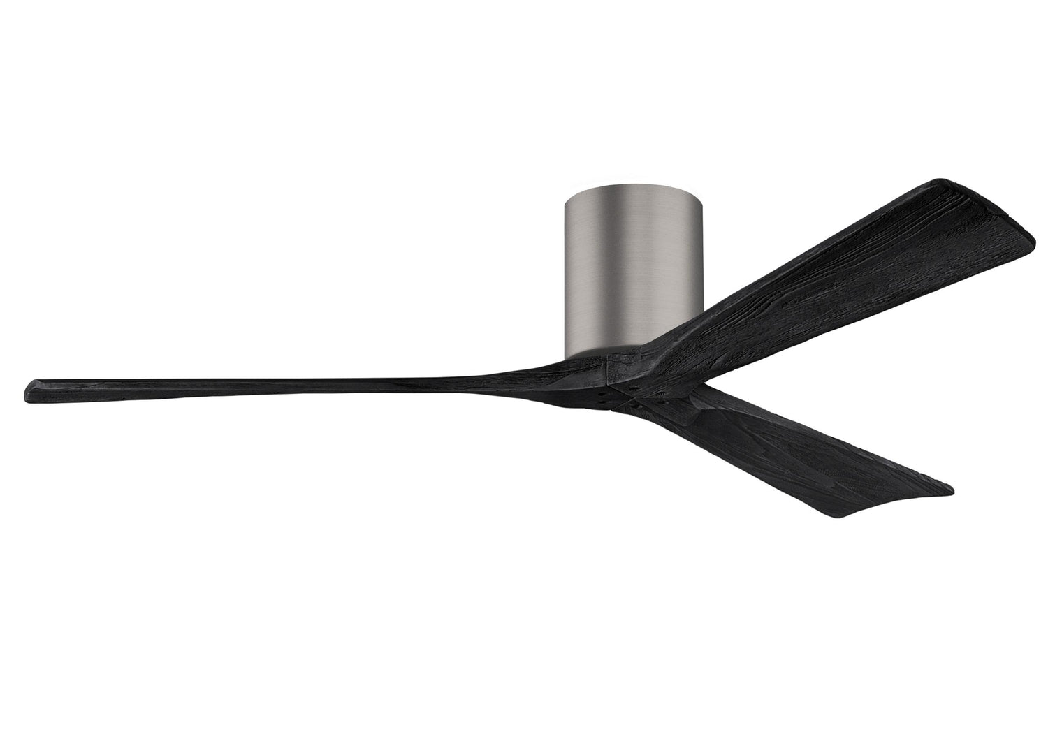Matthews Fan IR3H-BP-BK-60 Irene-3H three-blade flush mount paddle fan in Brushed Pewter finish with 60” solid matte black wood blades.