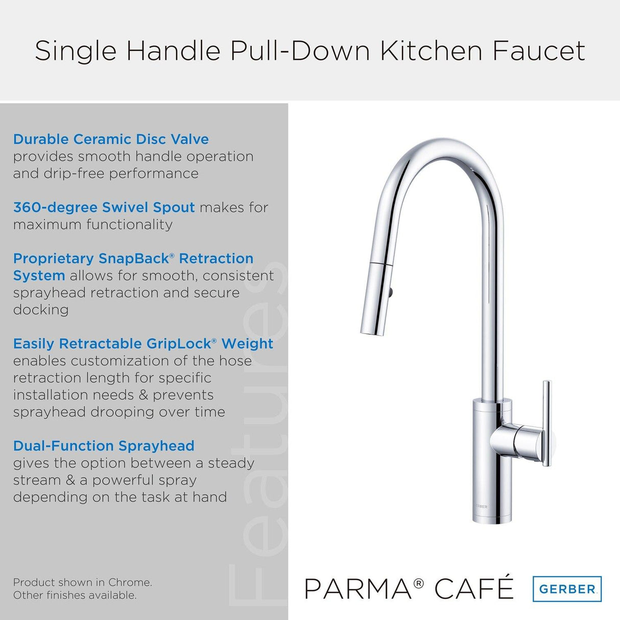 Gerber D454058 Chrome Parma Cafe Single Handle Pull-down Kitchen Faucet