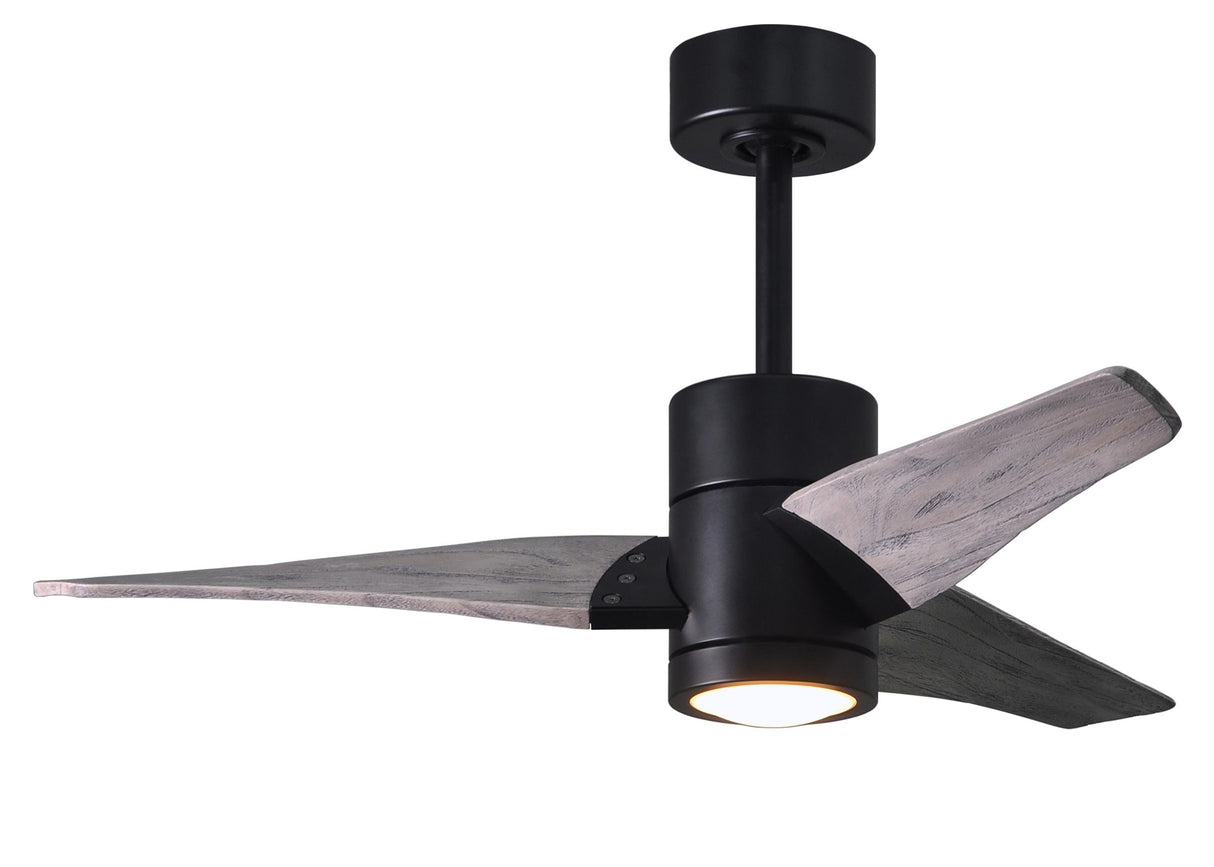 Matthews Fan SJ-BK-BW-42 Super Janet three-blade ceiling fan in Matte Black finish with 42” solid barn wood tone blades and dimmable LED light kit 