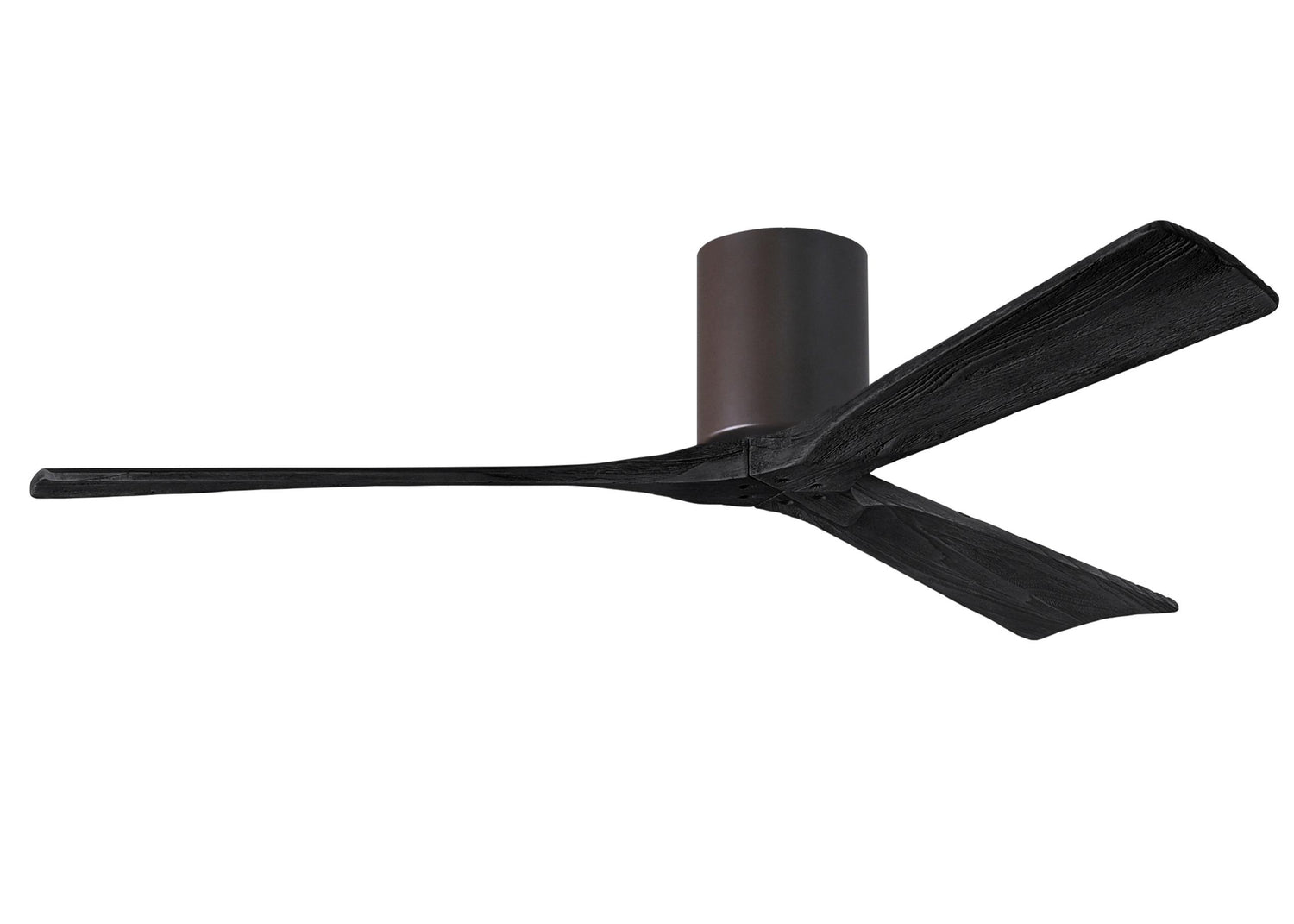 Matthews Fan IR3H-TB-BK-60 Irene-3H three-blade flush mount paddle fan in Textured Bronze finish with 60” solid matte black wood blades.