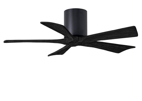 Matthews Fan IR5H-BK-BK-42 Irene-5H five-blade flush mount paddle fan in Matte Black finish with 42” solid matte black wood blades. 