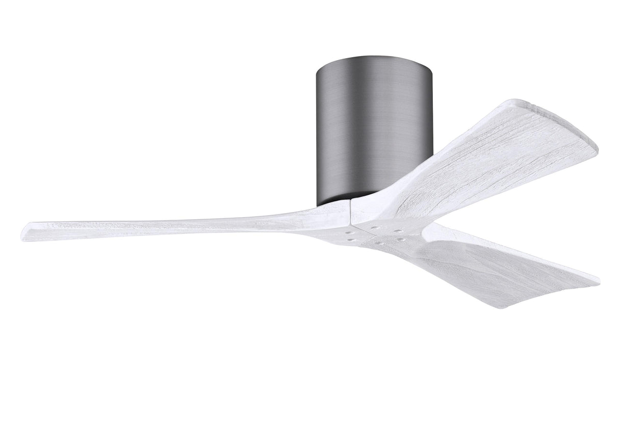 Matthews Fan IR3H-BP-MWH-42 Irene-3H three-blade flush mount paddle fan in Brushed Pewter finish with 42” solid matte white wood blades. 