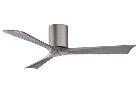 Matthews Fan IR3H-BP-BW-52 Irene-3H three-blade flush mount paddle fan in Brushed Pewter finish with 52” solid barn wood tone blades. 
