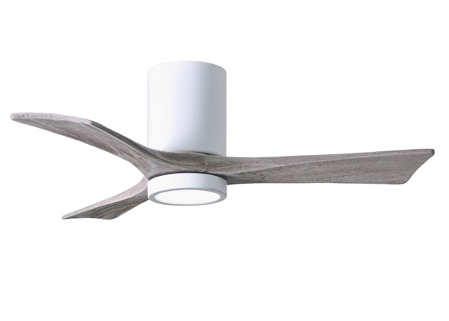 Matthews Fan IR3HLK-WH-BW-42 Irene-3HLK three-blade flush mount paddle fan in Gloss White finish with 42” solid barn wood tone blades and integrated LED light kit.