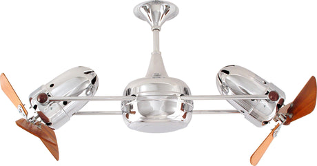 Matthews Fan DD-CR-WD-DAMP Duplo Dinamico 360” rotational dual head ceiling fan in Polished Chrome finish with solid sustainable mahogany wood blades for damp locations.