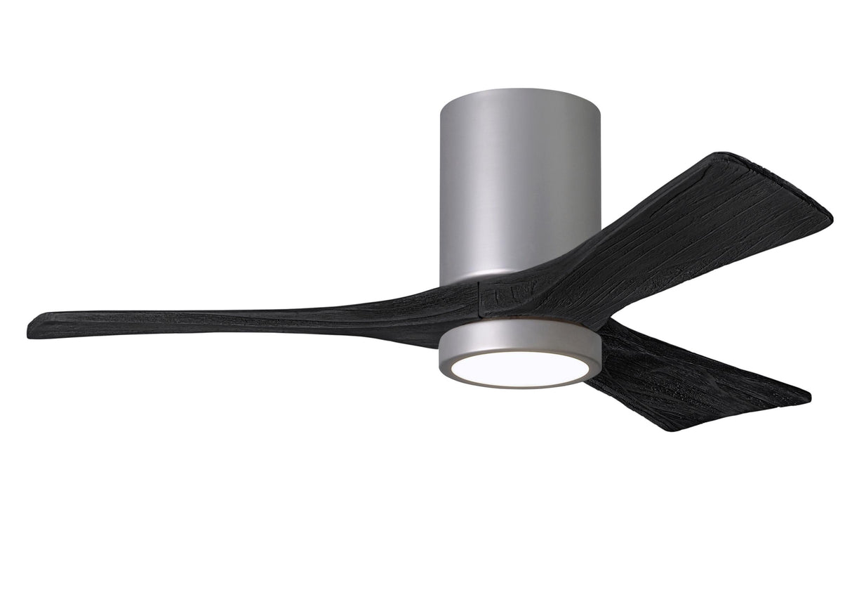 Matthews Fan IR3HLK-BN-BK-42 Irene-3HLK three-blade flush mount paddle fan in Brushed Nickel finish with 42” solid matte black wood blades and integrated LED light kit.