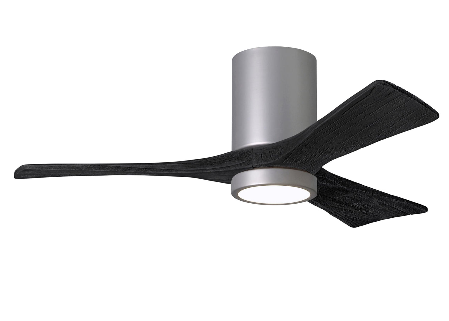 Matthews Fan IR3HLK-BN-BK-42 Irene-3HLK three-blade flush mount paddle fan in Brushed Nickel finish with 42” solid matte black wood blades and integrated LED light kit.