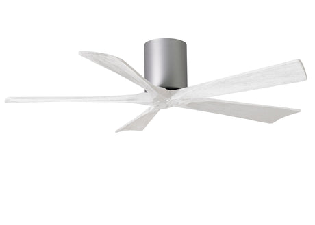 Matthews Fan IR5H-BN-MWH-52 Irene-5H five-blade flush mount paddle fan in Brushed Nickel finish with 52” solid matte white wood blades. 