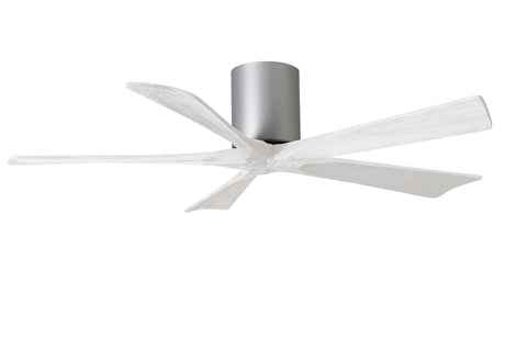 Matthews Fan IR5H-BN-MWH-52 Irene-5H five-blade flush mount paddle fan in Brushed Nickel finish with 52” solid matte white wood blades.