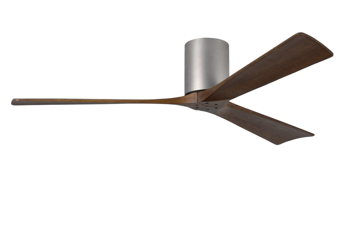 Matthews Fan IR3H-BN-WA-60 Irene-3H three-blade flush mount paddle fan in Brushed Nickel finish with 60” solid walnut tone blades. 