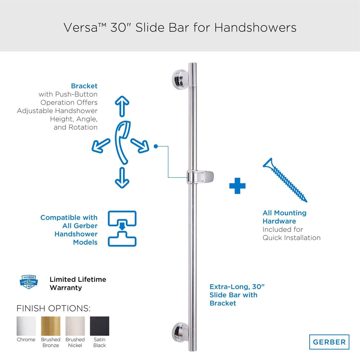Gerber D469700 Chrome Versa 30" Slide Bar