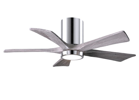 Matthews Fan IR5HLK-CR-BW-42 IR5HLK five-blade flush mount paddle fan in Polished Chrome finish with 42” solid barn wood tone blades and integrated LED light kit.