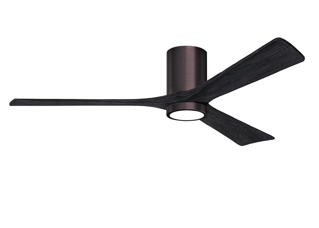 Matthews Fan IR3HLK-BB-BK-60 Irene-3HLK three-blade flush mount paddle fan in Brushed Bronze finish with 60” solid matte black wood blades and integrated LED light kit.