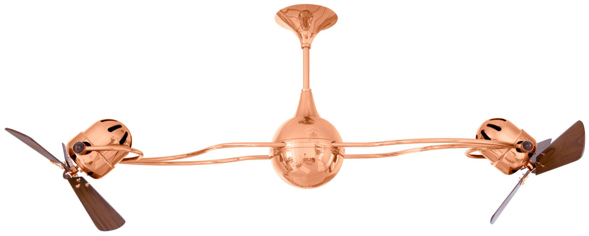 Matthews Fan IV-CP-WD Italo Ventania 360° dual headed rotational ceiling fan in polished copper finish with solid sustainable mahogany wood blades.