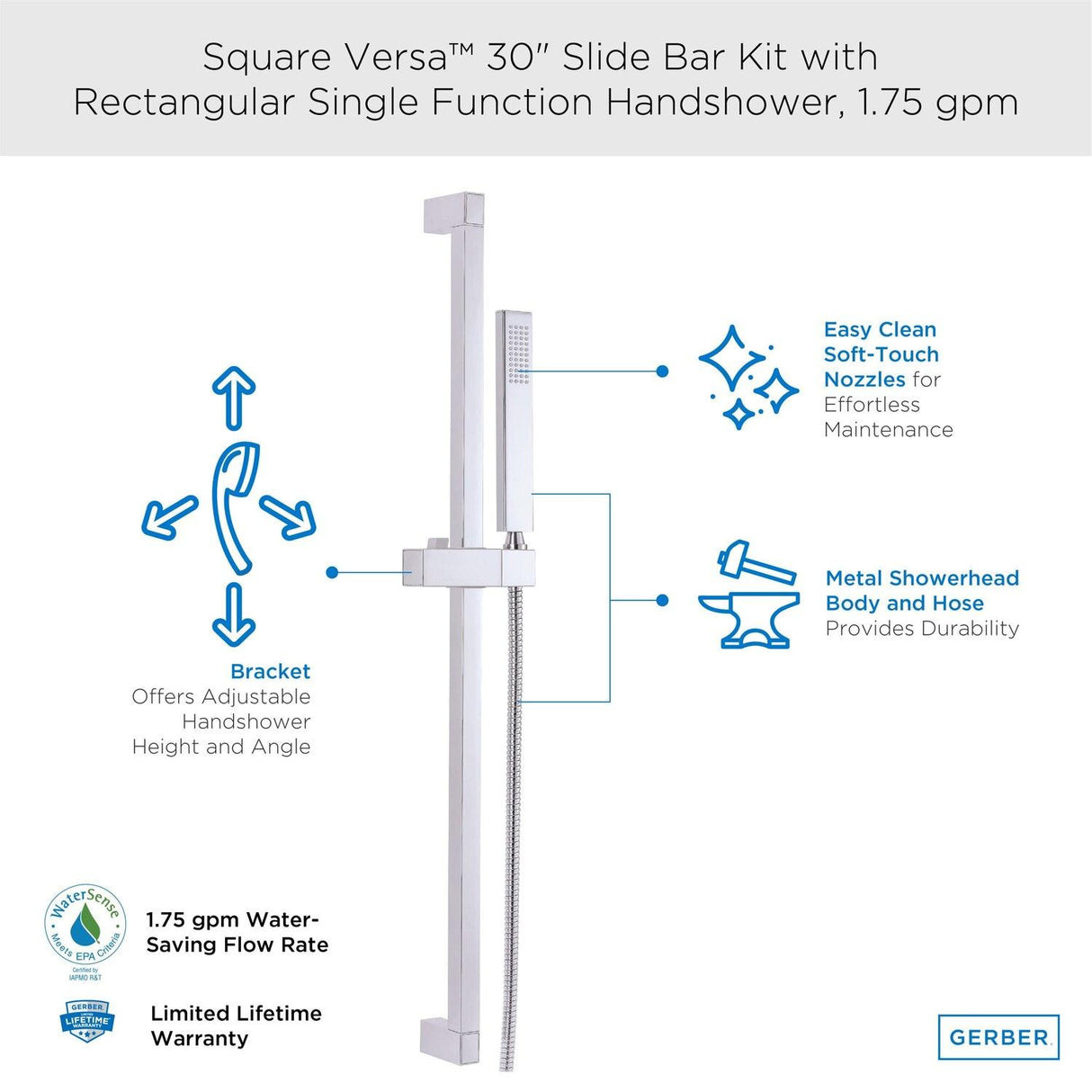 Gerber D462726 Chrome Versa Square 30" Slide Bar Assembly With Single FUNCTION...