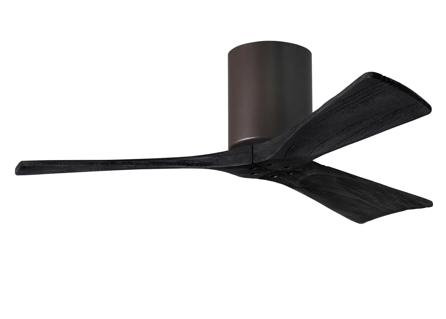 Matthews Fan IR3H-TB-BK-42 Irene-3H three-blade flush mount paddle fan in Textured Bronze finish with 42” solid matte black wood blades.
