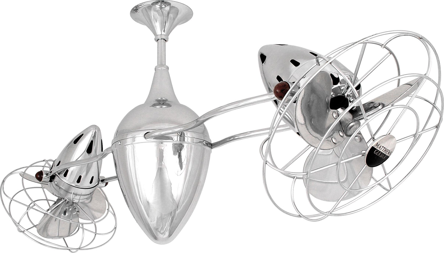 Matthews Fan AR-CR-MTL Ar Ruthiane 360° dual headed rotational ceiling fan in polished chrome finish with metal blades.