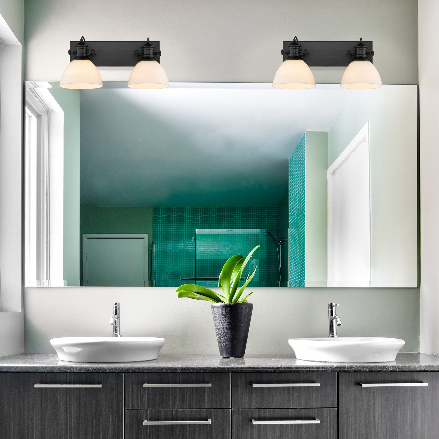Hines 2-Light Bath Vanity in Matte Black with Opal Glass