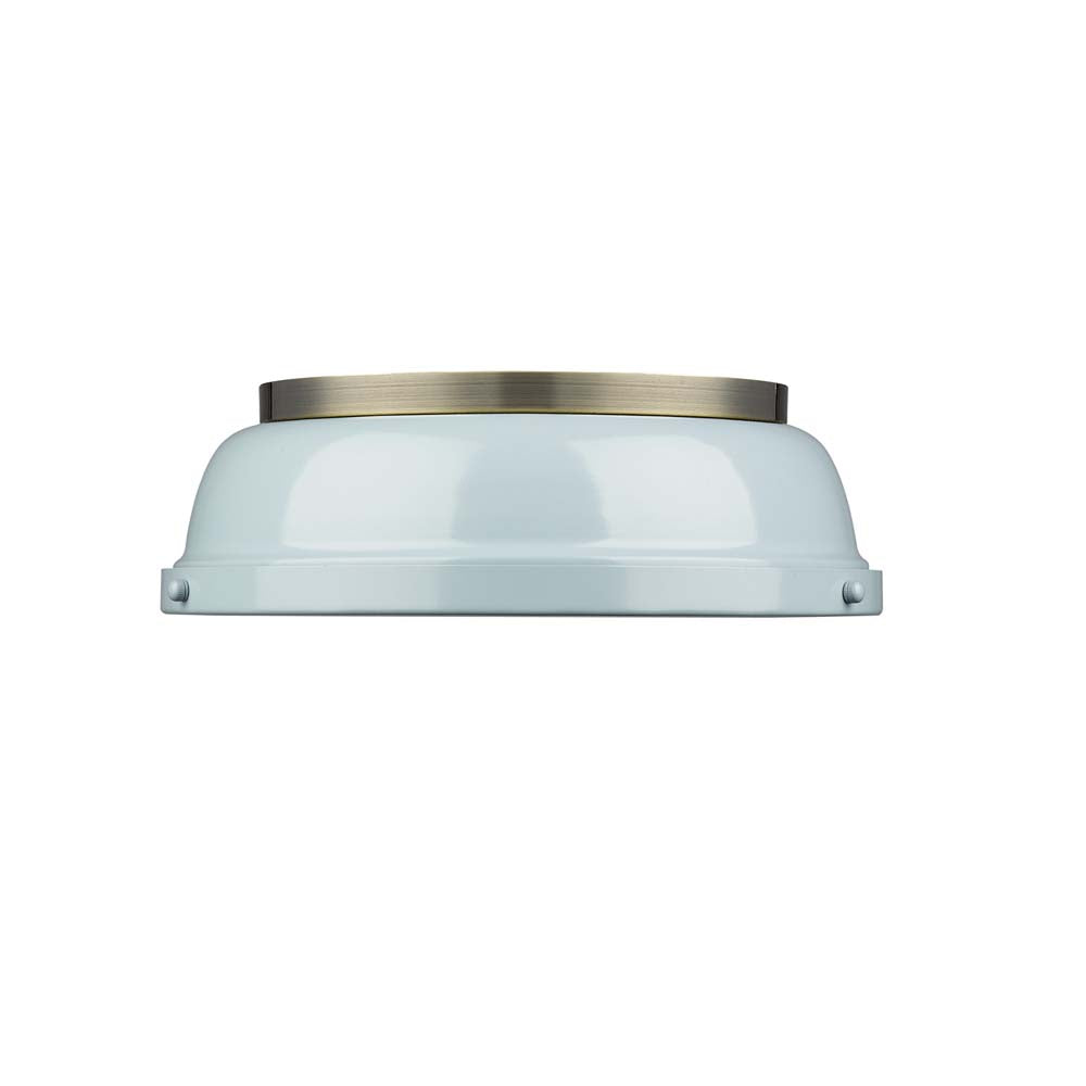 Duncan 14" Flush Mount in Aged Brass with a Seafoam Shade