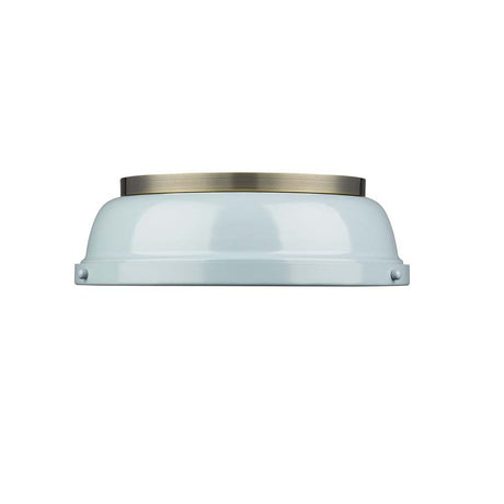 Duncan 14" Flush Mount in Aged Brass with a Seafoam Shade