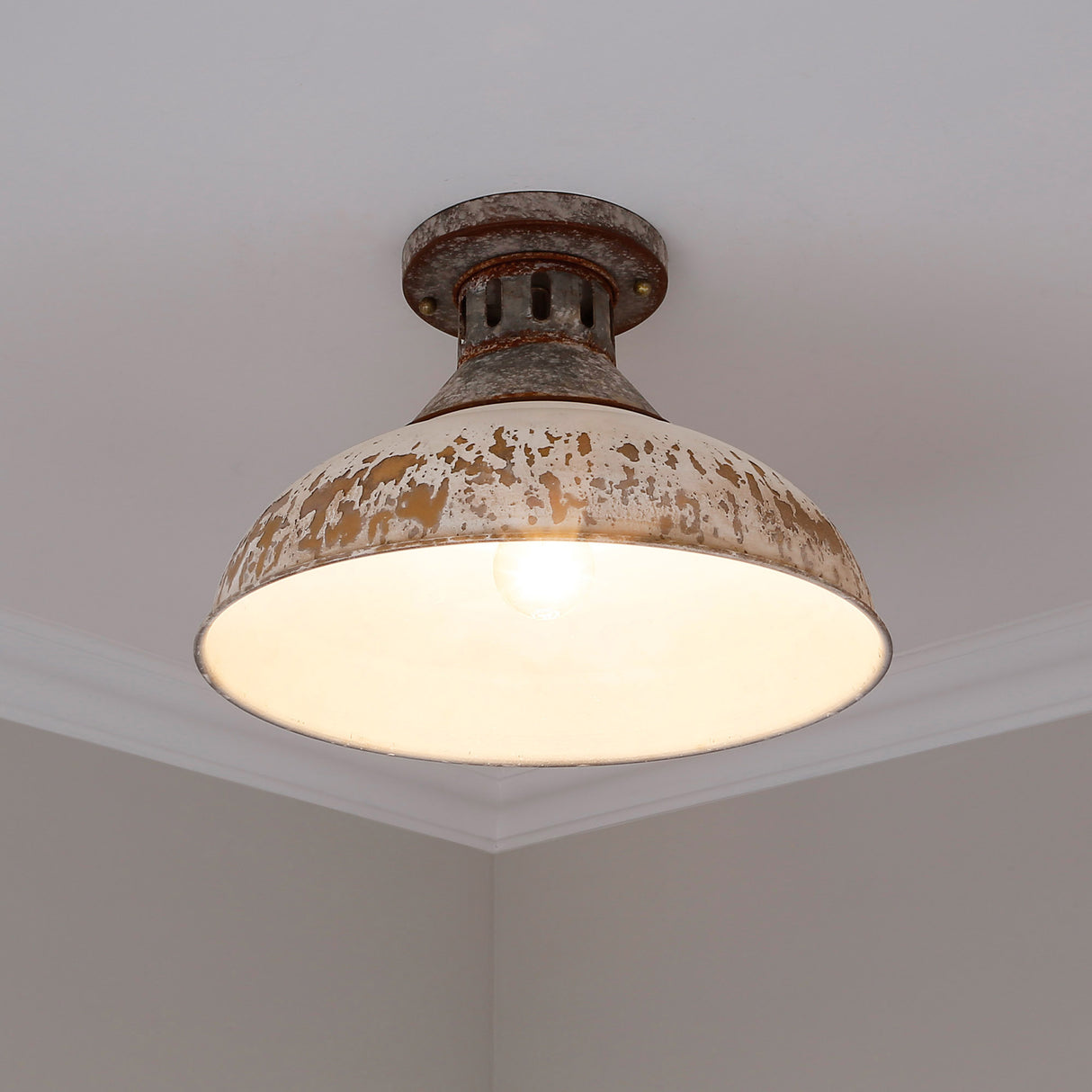 Kinsley Semi-Flush in Aged Galvanized Steel with Antique Ivory Shade