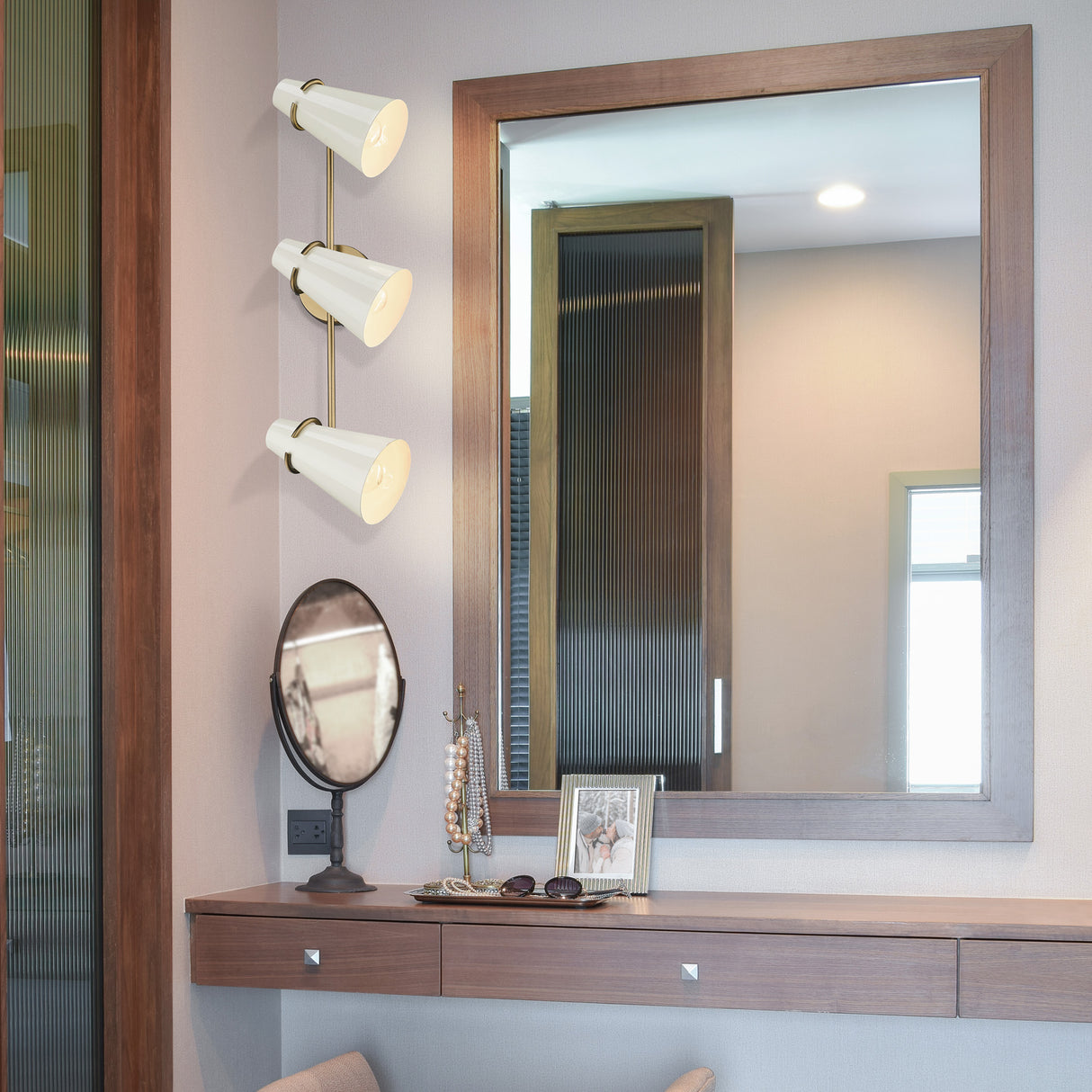 Reeva 3 Light Bath Vanity in Modern Brass with Glossy Ecru Shade