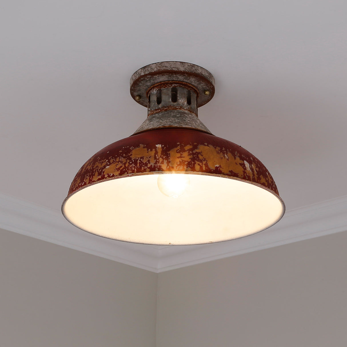 Kinsley Semi-Flush in Aged Galvanized Steel with Red Shade