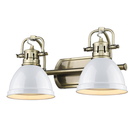 Duncan 2 Light Bath Vanity in Aged Brass with White Shades