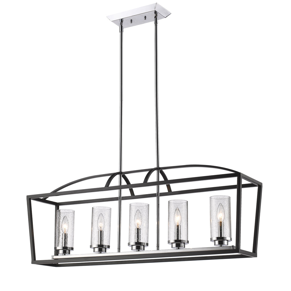 Mercer 5 Light Linear Pendant in Matte Black with Chrome accents and Seeded Glass