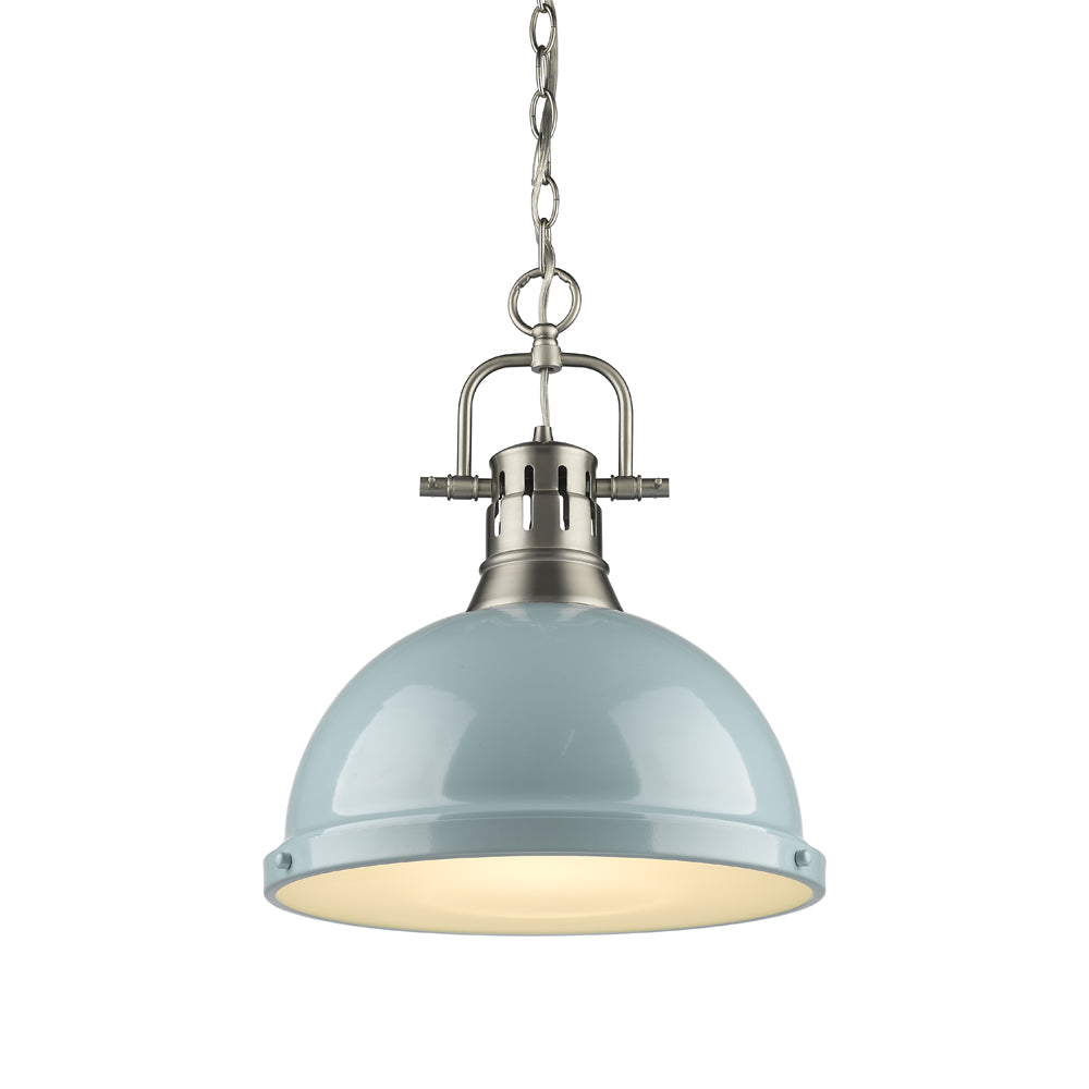 Duncan 1 Light Pendant with Chain in Pewter with a Seafoam Shade